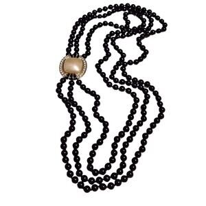 Vintage Black Glass Bead Triple Strand Square Pearl Crystal Statement Necklace